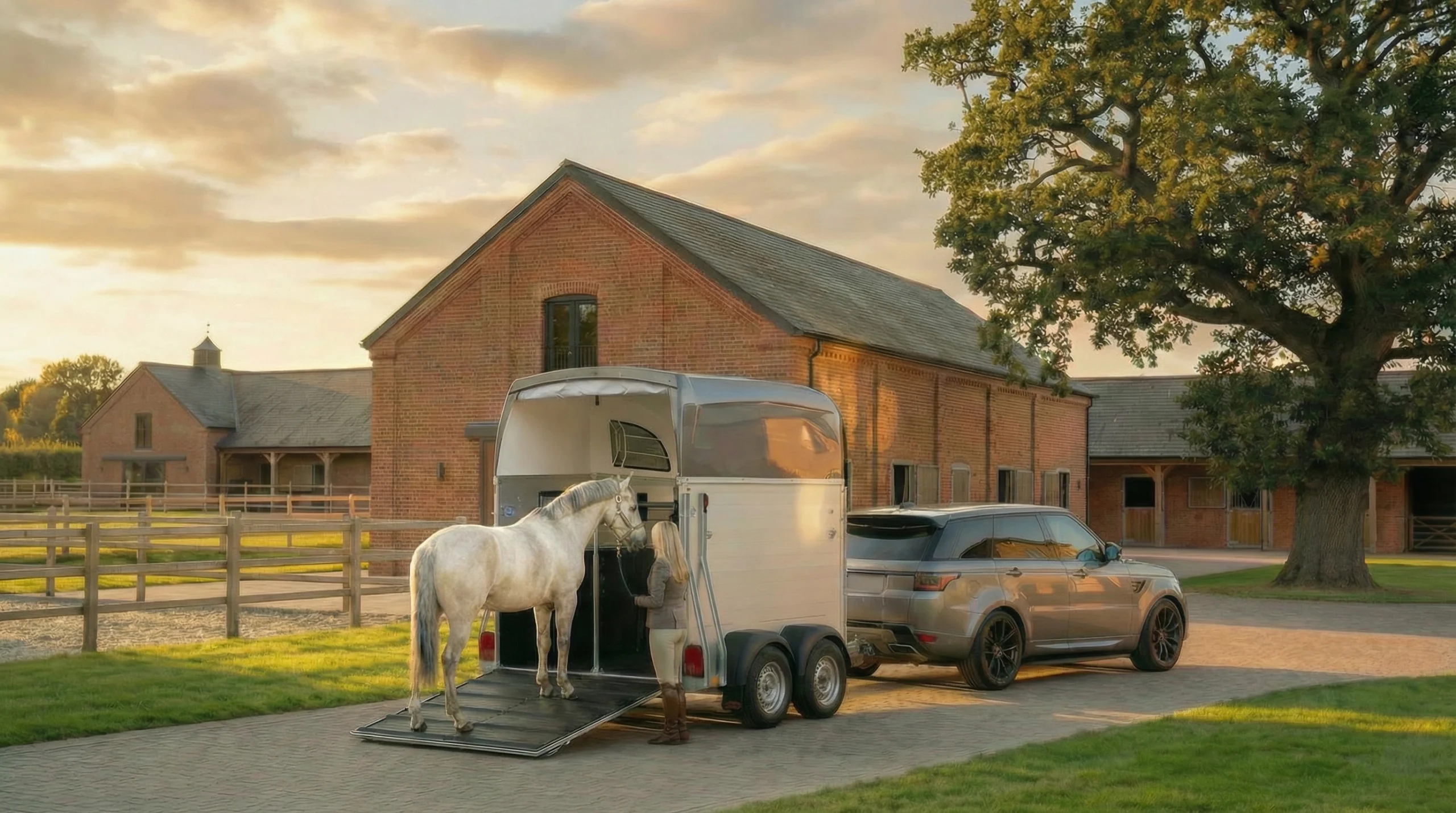 Komfortabler Pferdeanhänger mit Rampe – ideal für sicheren Pferdetransport auf Turnier oder Weide.